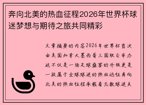 奔向北美的热血征程2026年世界杯球迷梦想与期待之旅共同精彩 奔向北美的热血征程2026年世界杯球迷梦想与期待之旅共同精彩